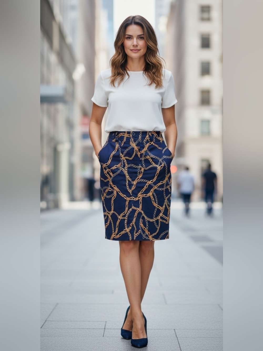 Maeve Navy Pencil Skirt with Gold Chain Print